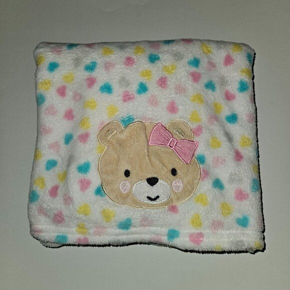 Baby Starters Teddy Bear Fleece Blanket Yellow Pink Blue Hearts 30" x 40"